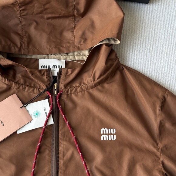 MIUMIU Women's Elastic Cuff Hooded Jacket, Brown - Picture 3 of 3